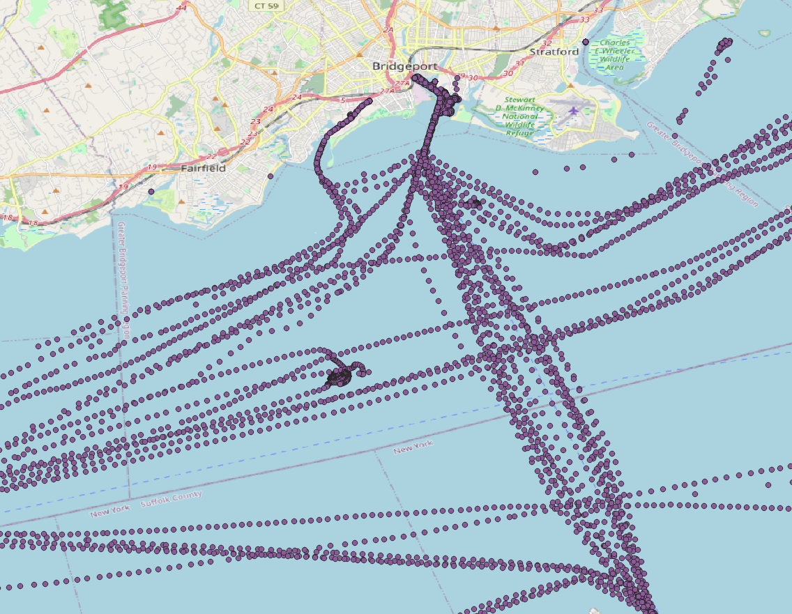 All AIS tracks around Bridgeport, CT for the date of June 24th, 2010. Note the curious vessel movement near the center.