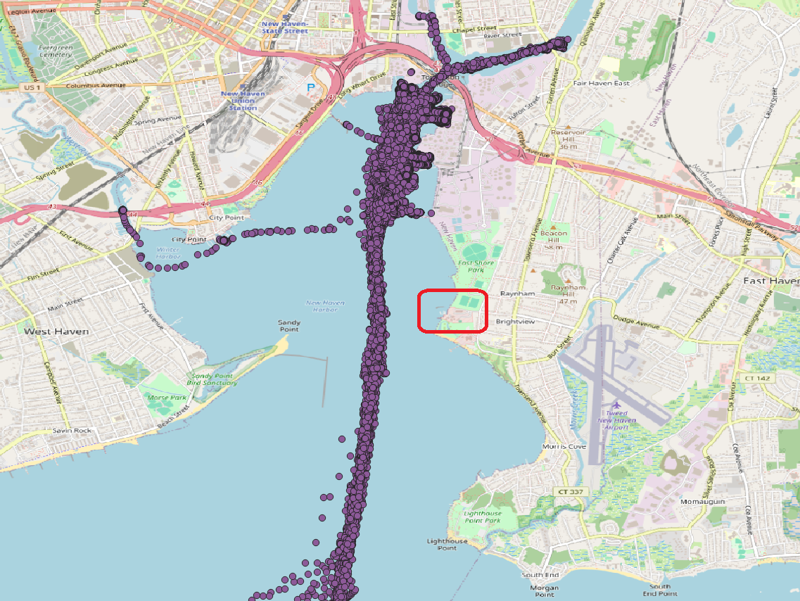 All AIS datapoints for the month of June, 2010 in New Haven Harbor. The U.S. Coast Guard Sector Long Island Sound is highlighted in red.