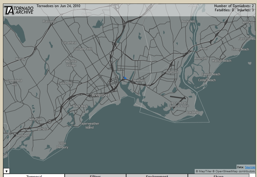 Tornado track in Bridgeport, CT. Note the small blue line just north of I-95.