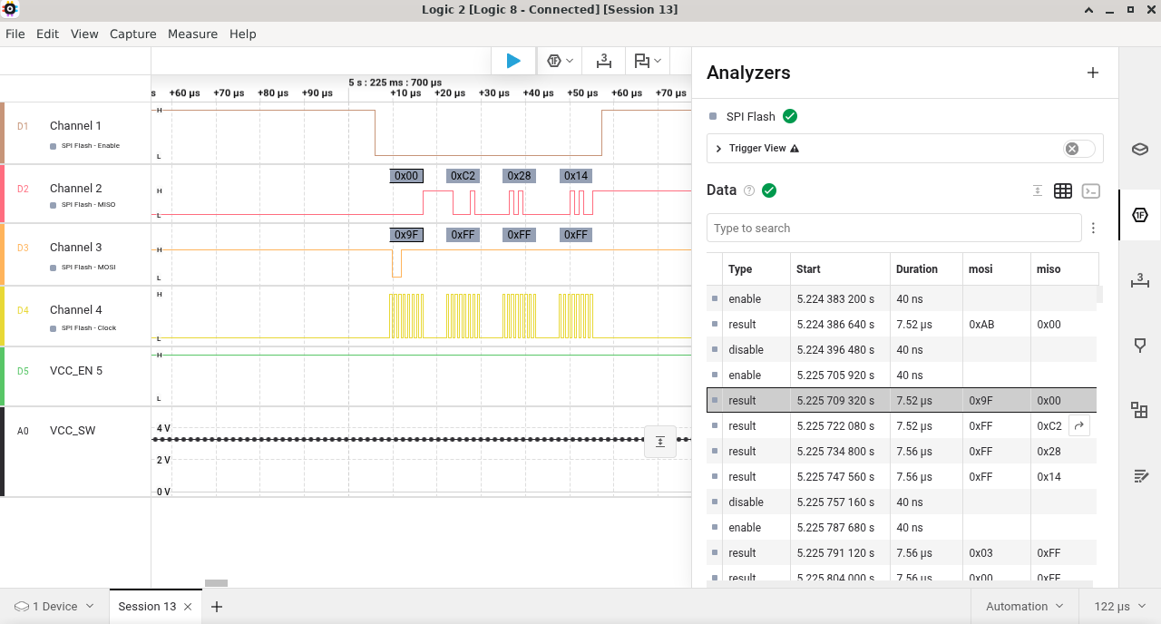 SPI interface capture from the logic analyzer. The VCC_EN and VCC_SW are showing my switched power rail (EN is the control signal, SW is the switched power rail itself being read from an analog input).